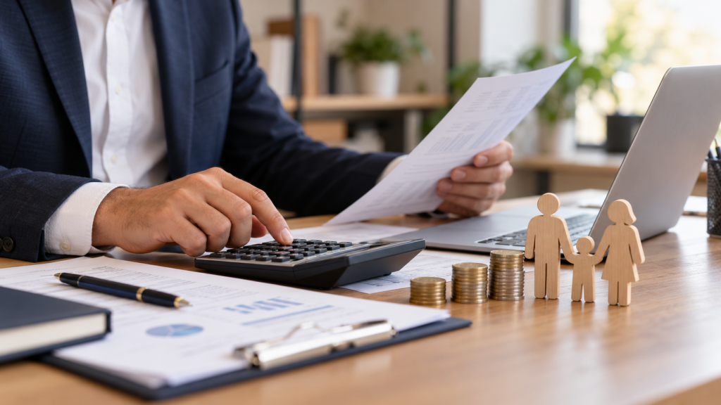 Text alternativ: Calcularea pensiei de întreținere, ilustrată prin documente financiare, calculator, monede și figurine reprezentând o familie.
