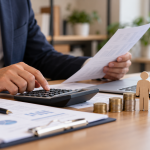 Text alternativ: Calcularea pensiei de întreținere, ilustrată prin documente financiare, calculator, monede și figurine reprezentând o familie.